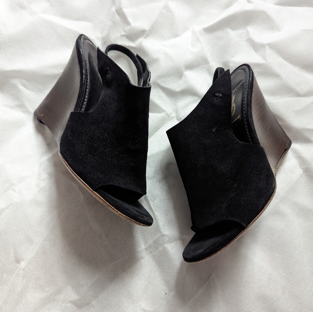 YSL black suede wedge platform heels 37